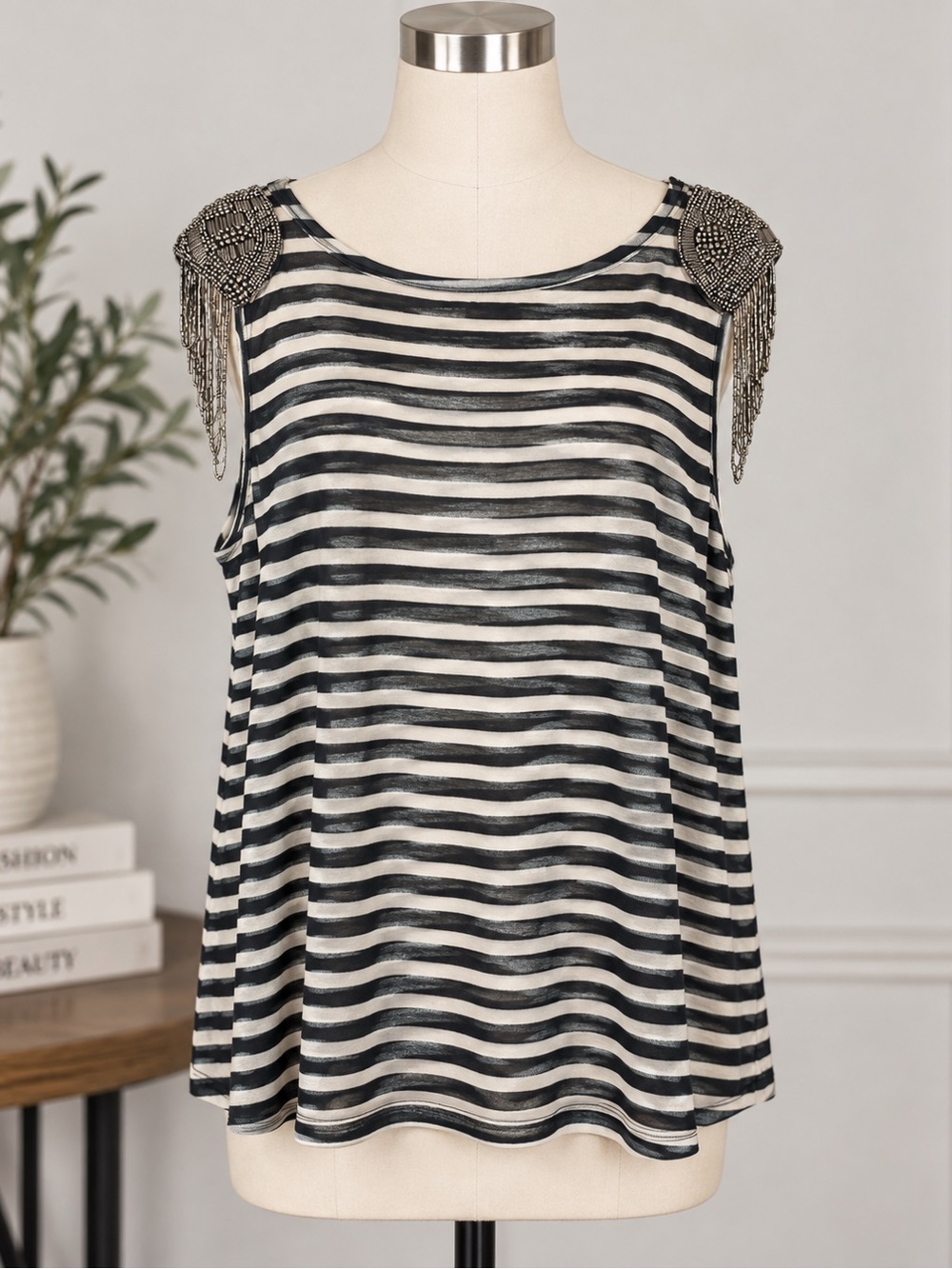Vocal - Black & White Boho Chic Striped Top with Beaded Epaulets - Large - A001